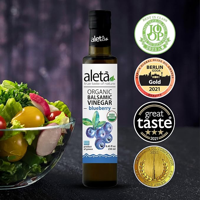 Aleta Farms Balsamic Vinegar, Greek Organic Blueberry Infused Aged Balsamic Vinegar, USDA Organic