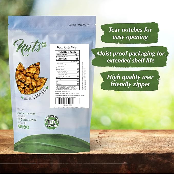 NUTS U.S. - Dried Apple Rings | No Added Sugar | No Artificial Color | Chewy Texture | NON-GMO |