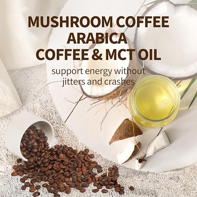 GANOHERB Instant Mushroom Coffee Powder, Arabica Coffee Mix with 5 Adaptogen Mushrooms, Lions Mane