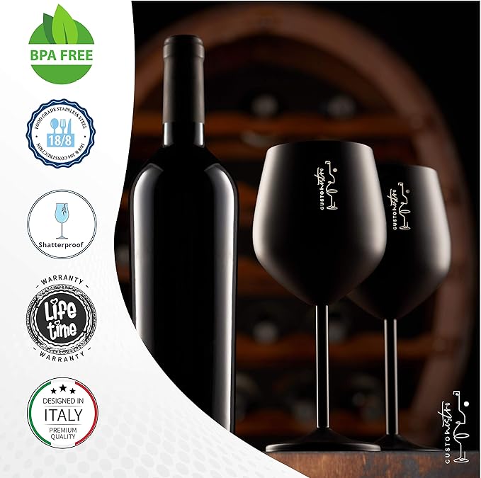 Gusto Nostro Stainless Steel Wine Glass - 18 oz - Unbreakable Black Wine Glasses for Travel
