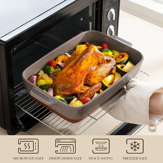 MALACASA 4.8 Qt Lasagne Dishes for Oven, 9 x 13 Inches Brown Ceramic Oven Dish with Handles, Deep