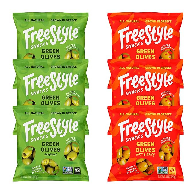 Freestyle Snacks Olive Snack Packs - Single Serve - Fresh Pitted Green Olives, Jumbo-Sized, Grown