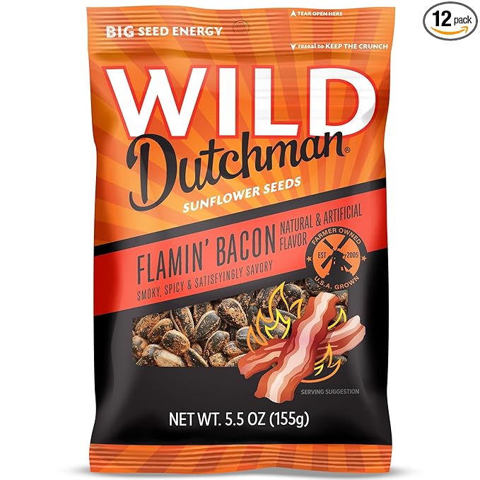 Wild Dutchman, Roasted Sunflower Seeds, Mouth Friendly Recipe for All Day Snacking, Flamin Bacon