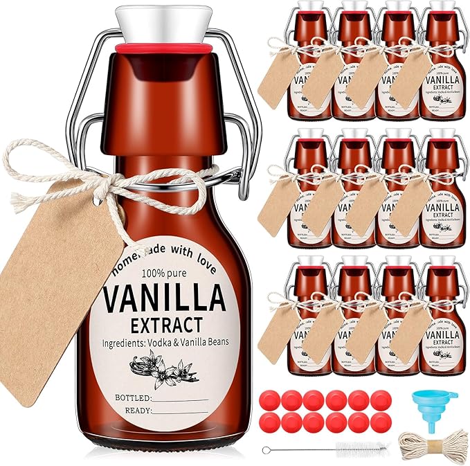 Vesici 12 Sets Swing Top Glass Bottles Set Amber Homemade Vanilla Extract Bottles with Stoppers