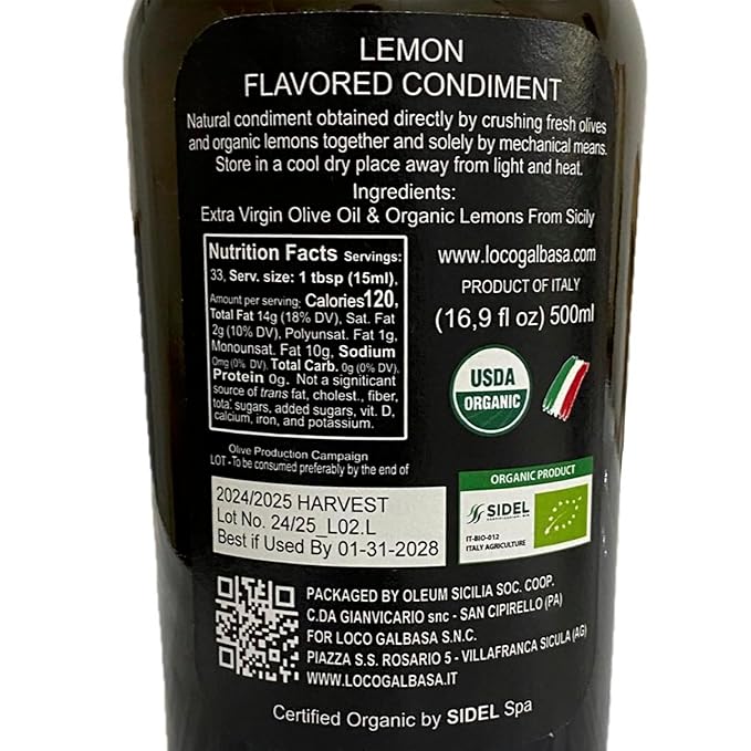 Galbasa - Organic Lemon Oil from Sicily, Italy - First Cold Pressed Extra Virgin Olive Oil and