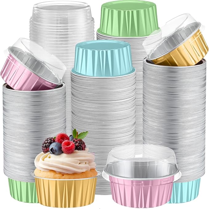 Gejoy 400 Pcs Aluminum Foil Baking Cups with Lids 5 oz Disposable Ramekins Mini Cake Pans Creme