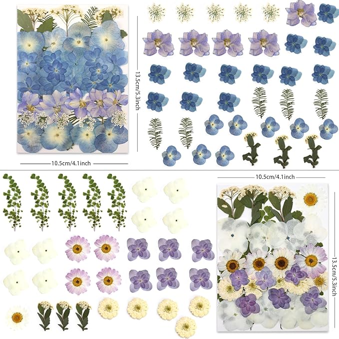 LUXEEASE 140 Pcs Dried Pressed Hydrangea Flowers for Crafts, Real Natural Blooms in Blue, Pink &