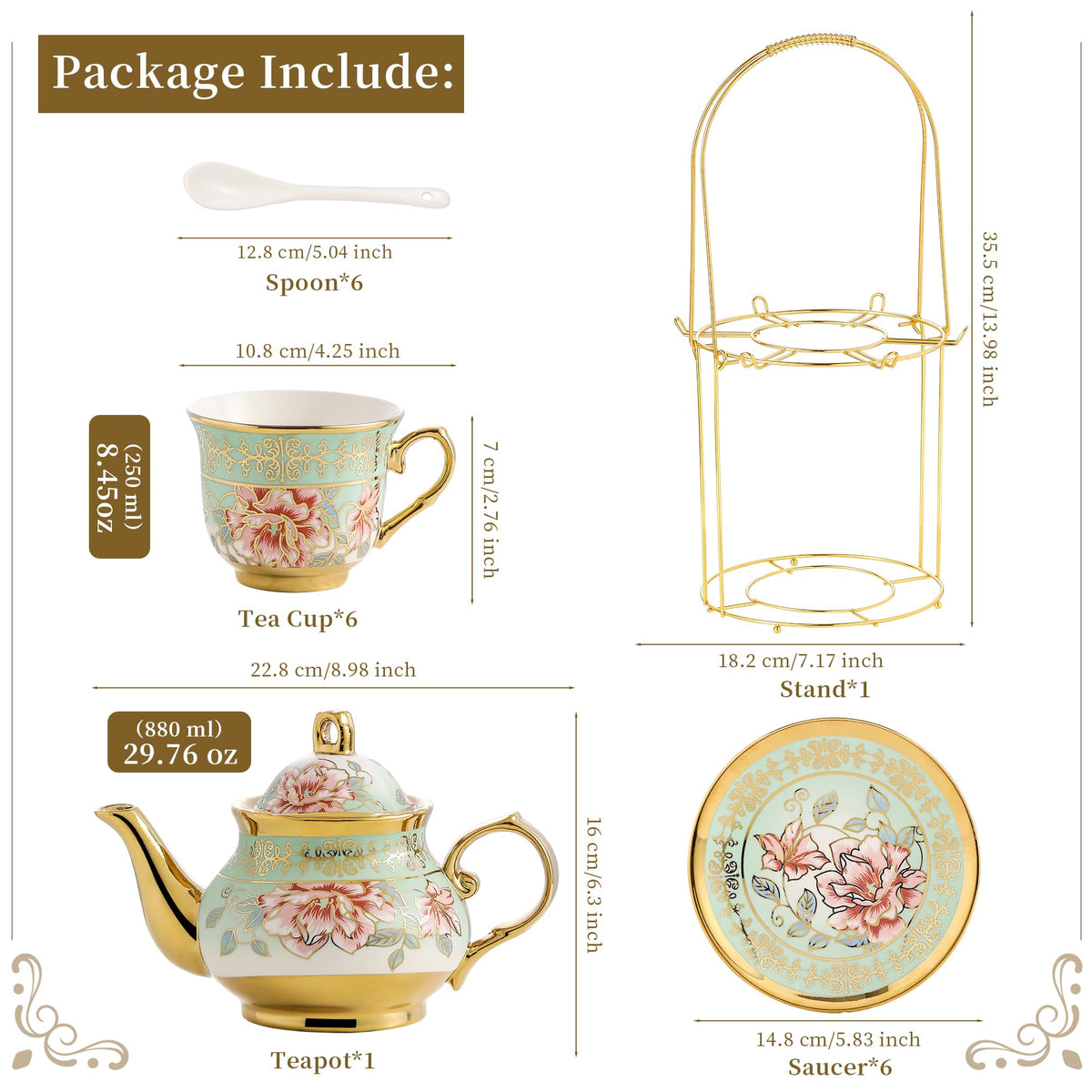 20 Pieces Porcelain Tea Set With Metal Holder, European Ceramic tea set for adults,Flower Tea