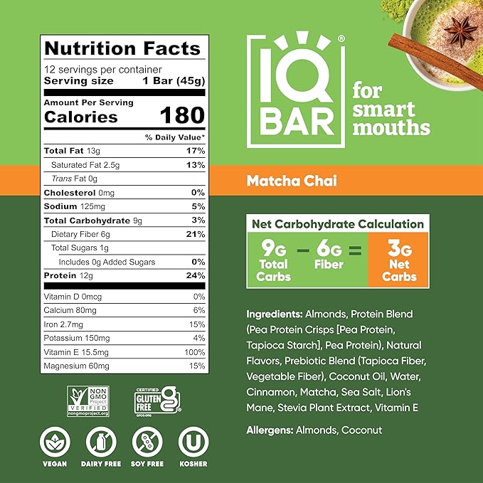 IQBAR Brain and Body Plant Protein Bars - Matcha Chai - 24-Count Low Carb - Gluten Free, High