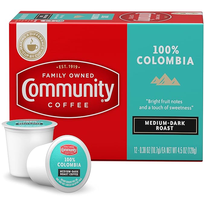 Community Coffee 100% Colombia 12 Count Coffee Pods, Medium-Dark Roast, Compatible with Keurig 2.0