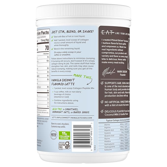 Primal Kitchen Vanilla Collagen Fuel® Drink Mix, Vanilla Coconut Collagen Peptides, No Dairy or