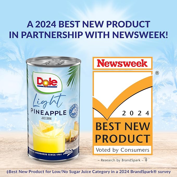 Dole Light Pineapple Juice Drink, No Added Sugar, 40 Calories Per Can, Excellent Source of Vitamin