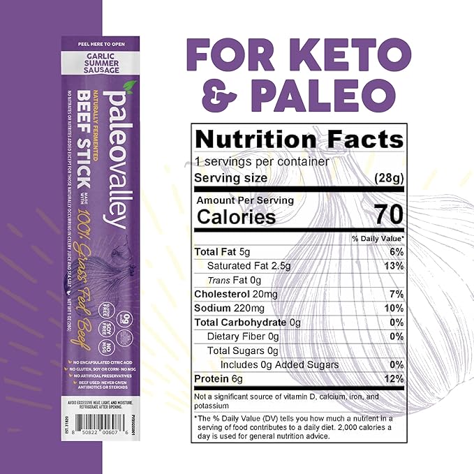 Paleovalley 100% Grass Fed Garlic Summer Sausage Beef Sticks - Delicious Gluten Free Beef Snack