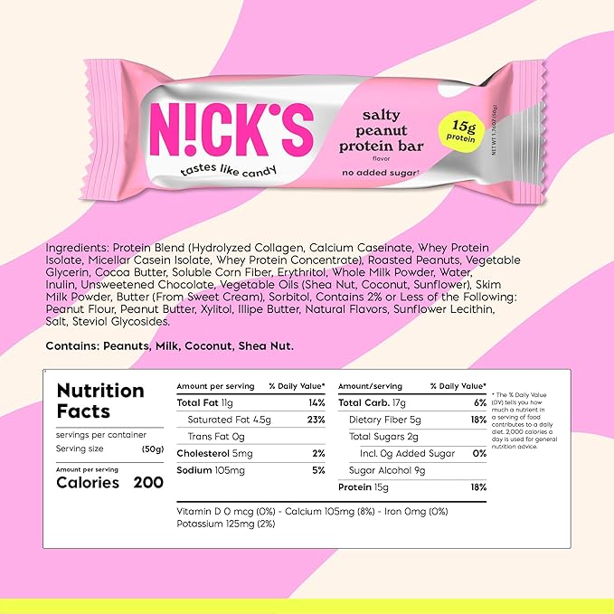NICKS Protein Bars Chocolate Peanut | 15g protein | 200 calories | Low Carb Keto Friendly Snacks No