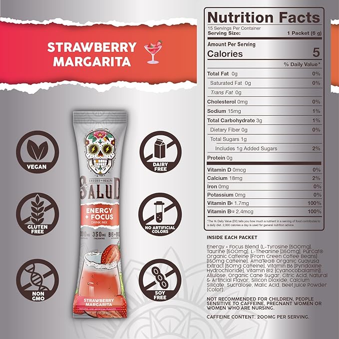 Salud 2-in-1 Energy Drink Powder + Focus, Strawberry Margarita, Organic Caffeine, B6 + B12