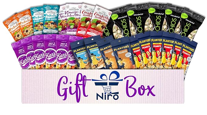 Niro Gift Basket Assortment | Individual Nuts Snack Packs, Trail Mix Individual Packs Bulk - 30
