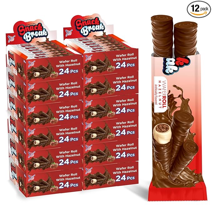 Snack Break Hazelnut Wafer Rolls, Rolled Wafer Cookies, Cocoa Coated Delicious Snack, Individually