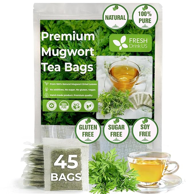 FreshDrinkUS, Premium 45 Mugwort Leaf Tea Bags, 100% Natural and Pure Mugwort Leaves. Loose Leaf