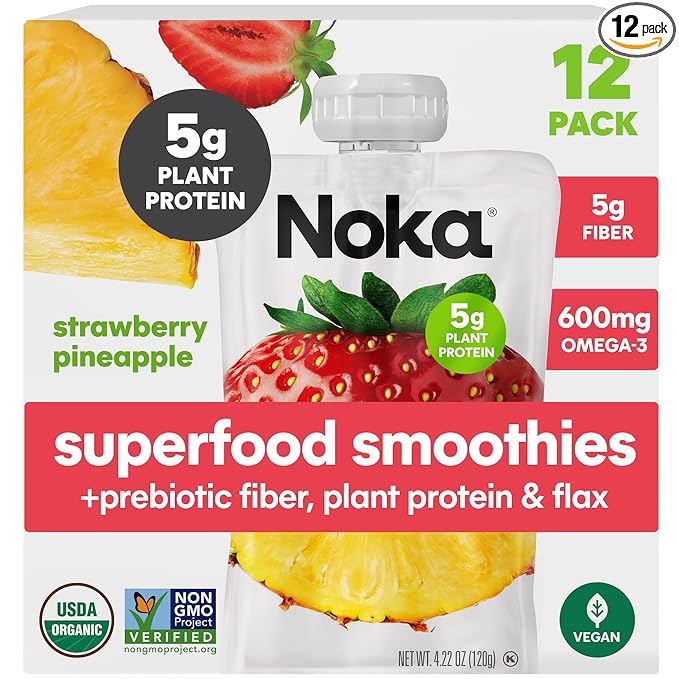 Noka Superfood Fruit Smoothie Pouches, Strawberry Pineapple, Healthy Snacks with Flax Seed