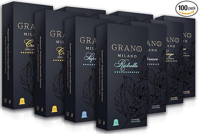 Grano Milano Lungo - 100 Espresso Pods Compatible with Nespresso Original line, 100% Arabica Medium