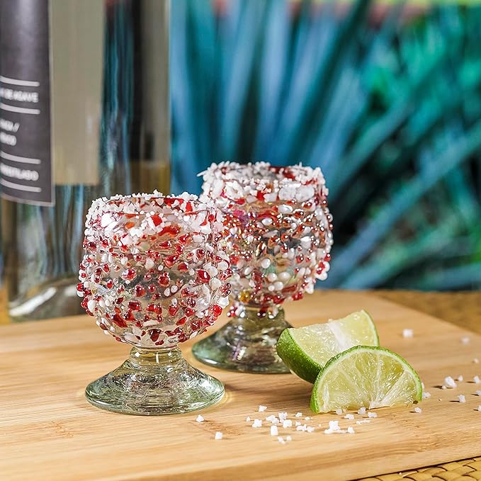 Authentic Mexican Tequila Shot Glasses (Set of 4) - Hand Blown 2oz Mini Snifters - Festive Red &