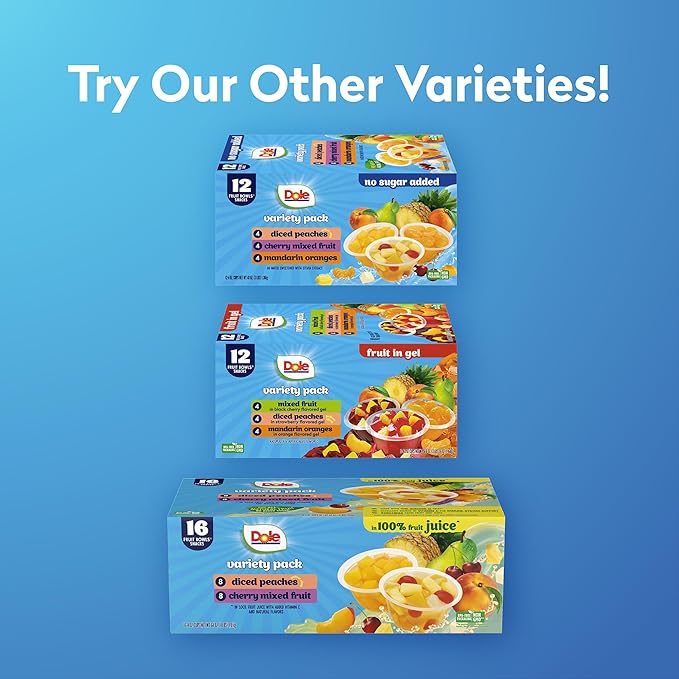 Dole Diced Peaches, Mandarin Oranges, and Cherry Mixed Fruit with No Sugar Added Variety Pack