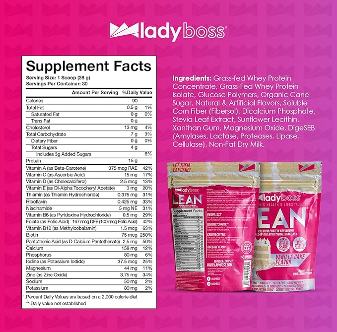 LadyBoss Lean Protein Shake Vanilla Cake Flavor - Meal Replacement & Craving Support with Grass-Fed