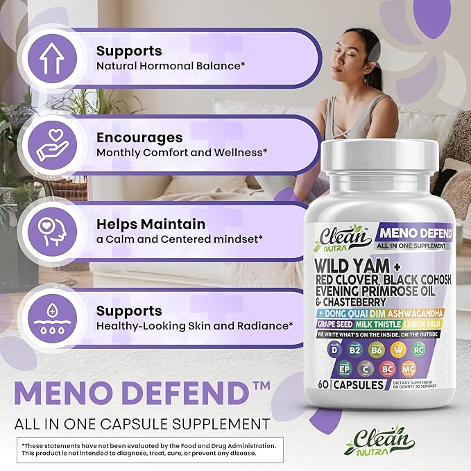 Clean Nutra Wild Yam Root Capsules with Red Clover Black Cohosh Evening Primrose Oil Chasteberry