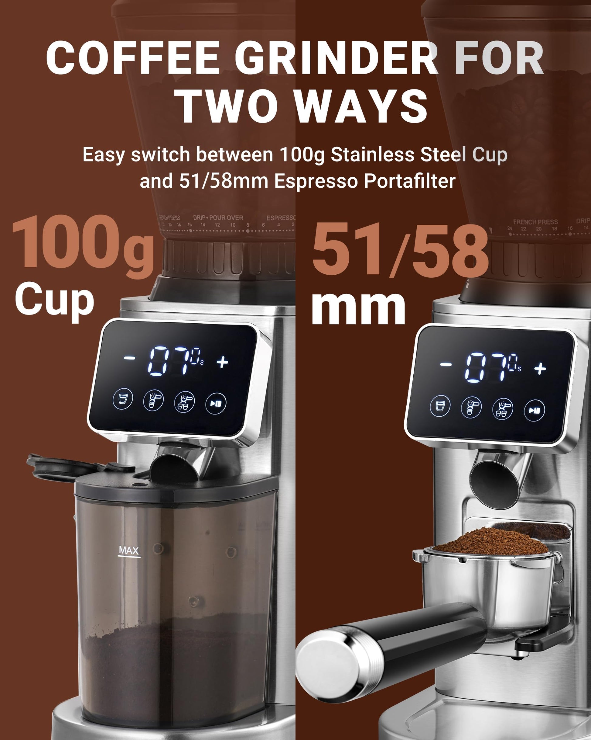AMZCHEF Burr Coffee Grinder, 48 Settings, Less Static Mess, Metallic Silver