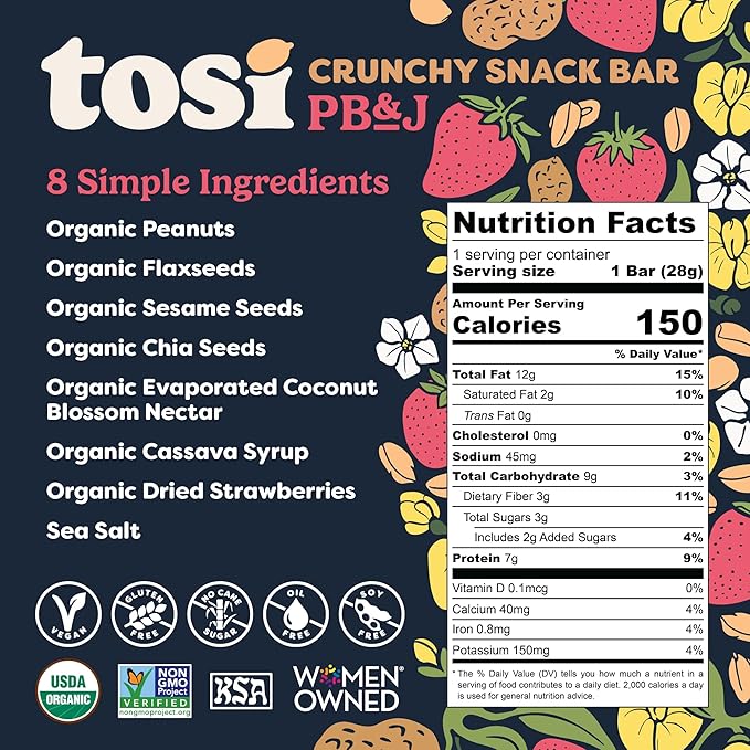 Tosi Peanut Butter & Jelly Protein Bars, Plant Based with Nuts, Gluten-Free Crunchy Snacks, Vegan
