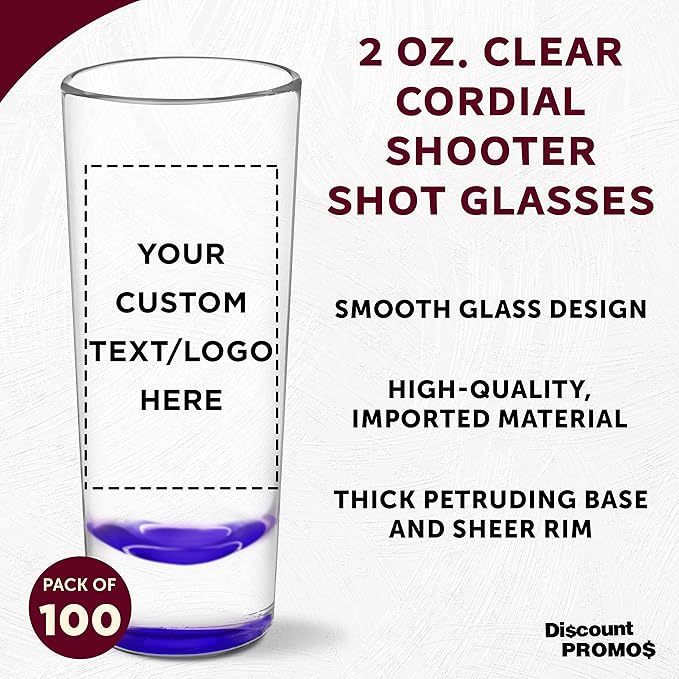 Custom Cordial Shooter Shot Glasses 2 oz. Set of 100, Personalized Bulk Pack - Great for Birthdays