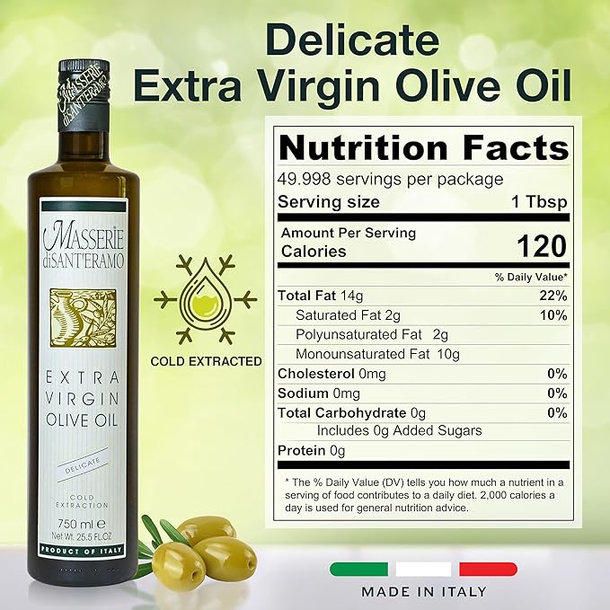 Delicate Italian Extra Virgin Olive Oil Cold Pressed - Light Olive Oil for Cooking and Frying