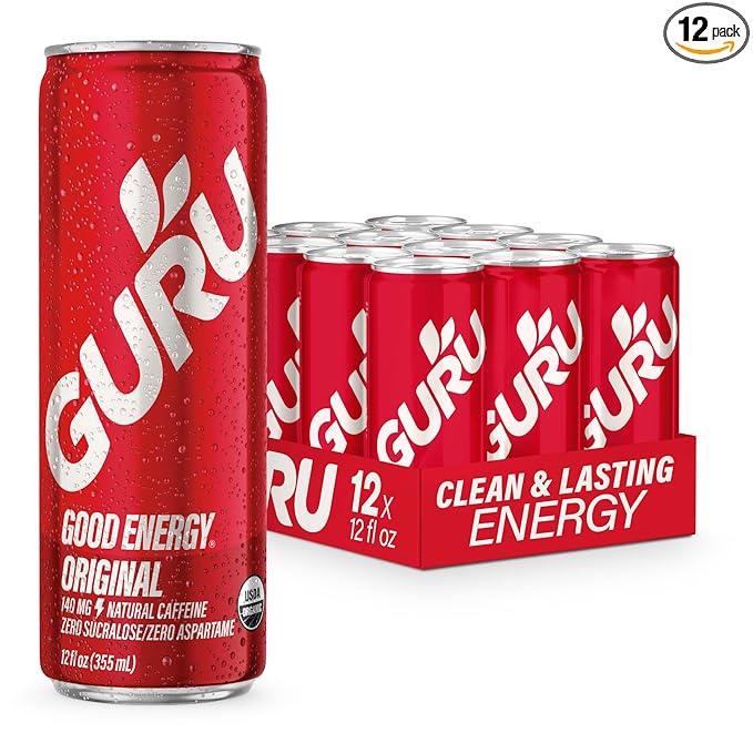 GURU Original Organic Energy Drinks, Clean Energy Drink with Plant Based Natural Caffeine from