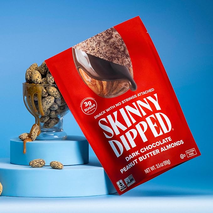 SkinnyDipped Dark Chocolate Peanut Butter Almonds, Chocolate Covered Almonds, Low Sugar, Gluten