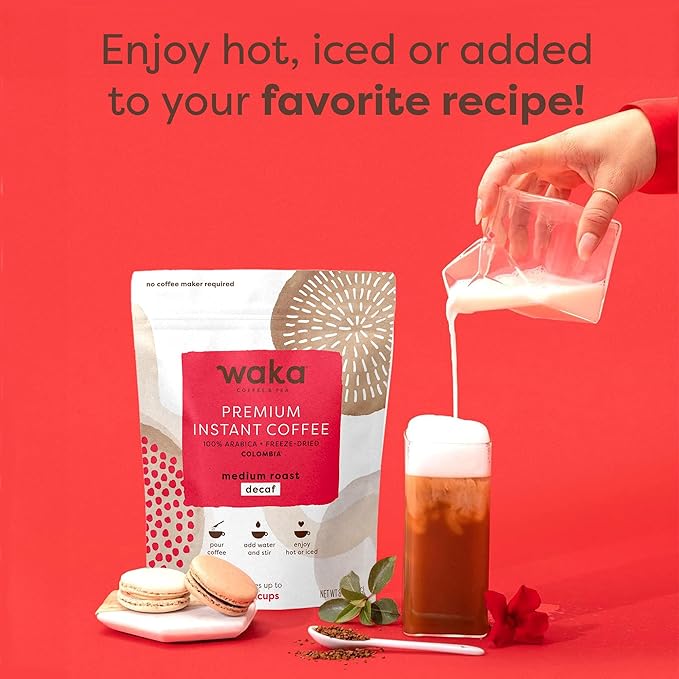 Waka Premium Decaf Instant Coffee Pouch — 100% Colombian Arabica Freeze Dried Beans — For Hot or