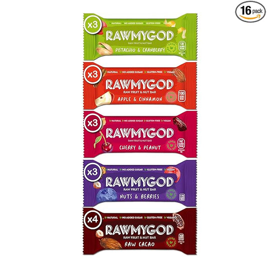 RAWMYGOD Fruit and Nut Bars, Gluten Free, Vegan, No Added Sugar (16 bars, Variety Pack I - 4 Raw