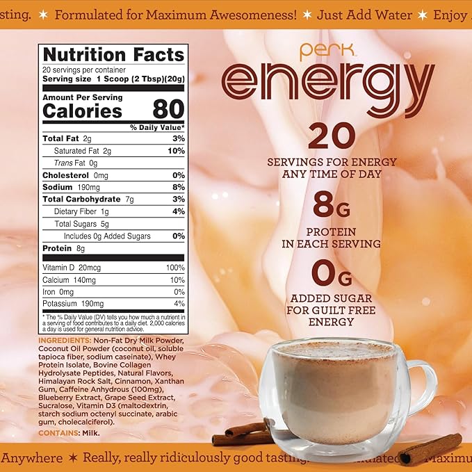 Perk Energy Original Horchata Energy Drink Powder (20 Servings) - Gluten-Free, Peanut-Free