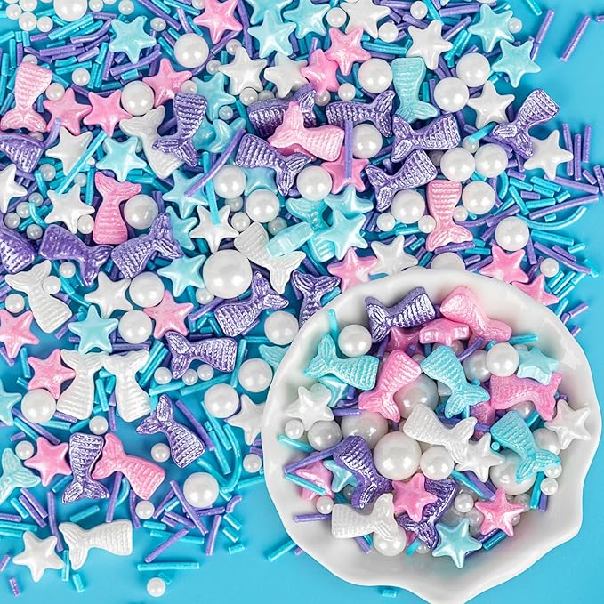 Mermaid Sprinkles,Edible Sugar Pearl Stars Jimmies Mix,130g/4.58oz,Pearl Candy Ocean Sprinkle for