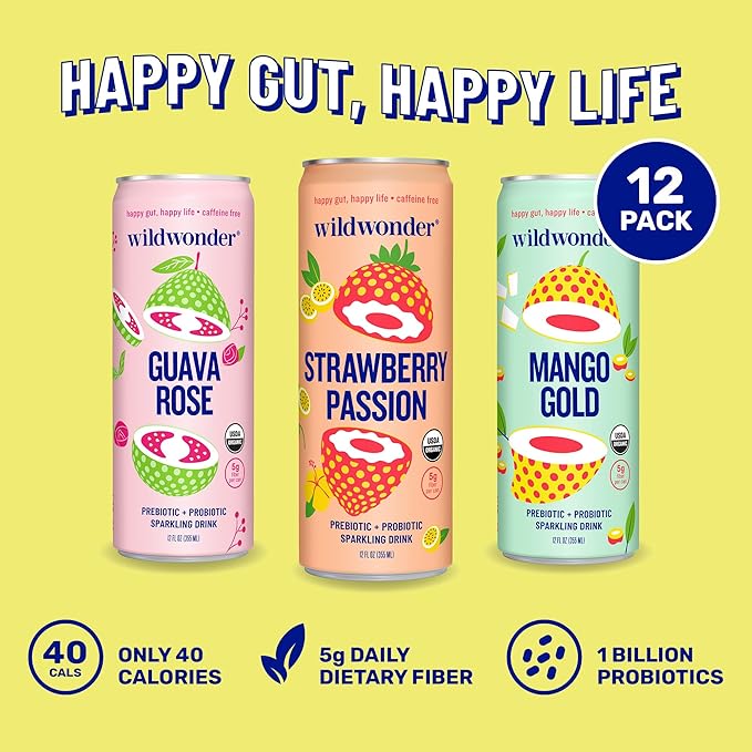 wildwonder Sparkling Probiotic Drink 12pk, For Gut Health & Immune Support, Tropical Vibes Variety