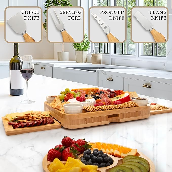 Zulay Kitchen Deluxe Bamboo Cheese Board Set - Extra Thick Bamboo Charcuterie Board Set with 4