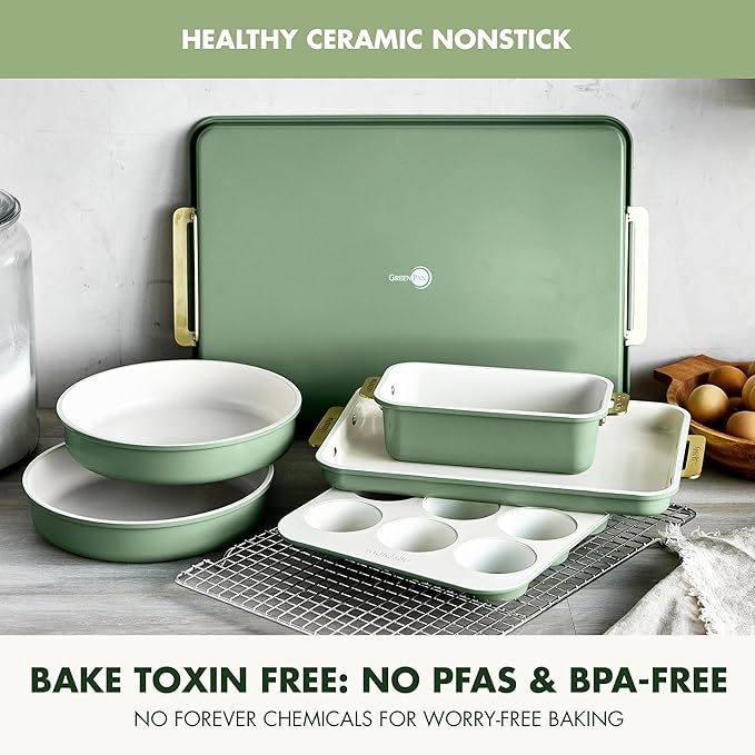 GreenPan Bakeware Set, 7 Piece Nonstick Ceramic Gold Handle Baking Sheets, Cake Pans, Loaf Pan