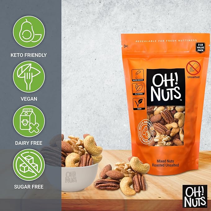 Oh! Nuts Mixed Nuts Roasted Unsalted - 2 lb - Unsalted Mixed Nuts - Cashews, Walnuts, Hazelnuts