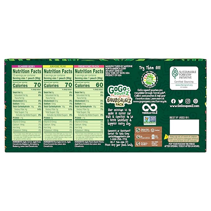 GoGo squeeZ Fruit & veggieZ Applesauce and Puree Variety Pack, Jurassic Pear, Roarrrr Berry &