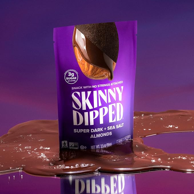 SkinnyDipped Super Dark Chocolate + Sea Salt Almonds, Vegan, Healthy Snack, Plant Protein, Gluten