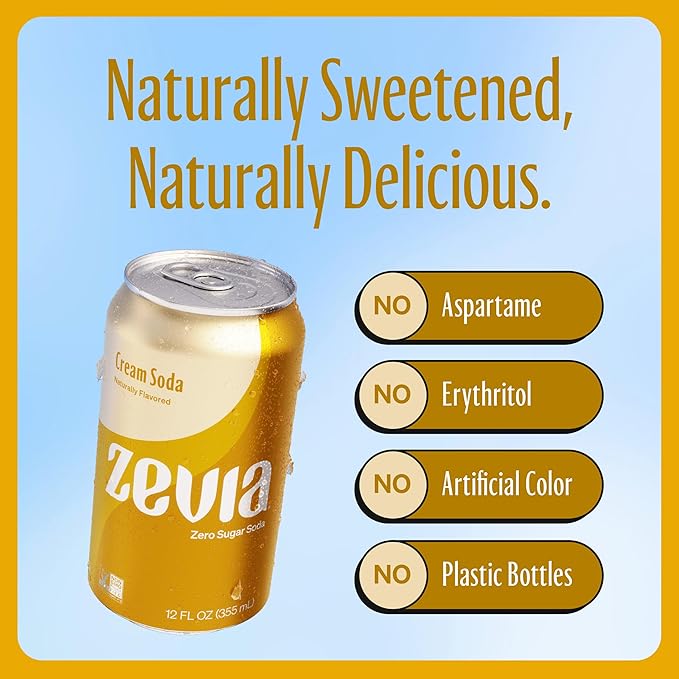 Zevia Zero Sugar Soda, Cream Soda, 12 oz Cans (8-Pack) -Naturally Sweetened, Non-GMO Project