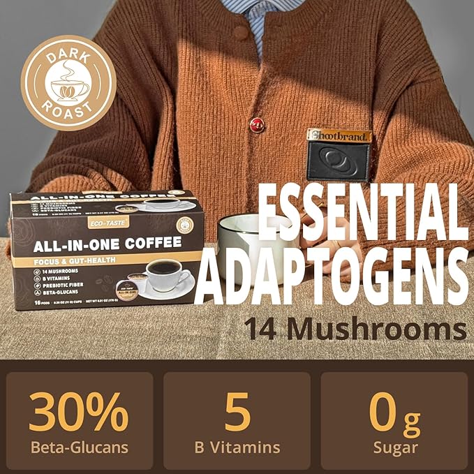 Mushroom Coffee K Cup – Focus & Gut-Health with 14-Mushrooms, Vitamins, L-Theanine and Alpha GPC