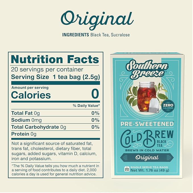 Southern Breeze Cold Brew Sweet Tea Original Iced Tea with Black Tea and Zero Carbs Zero Sugar, 20
