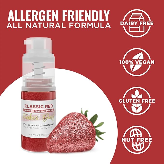 Bakell - Classic Red Tinker Dust (4g, 1x Mini Spray Pump) Edible Glitter for Food, Desserts, and