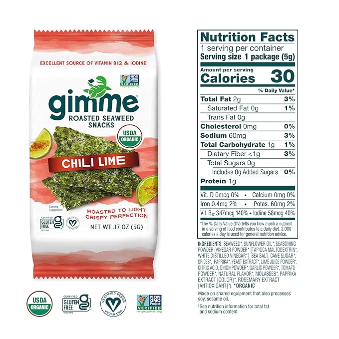 Gimme Seaweed Organic Premium Roasted Seaweed Snacks, Chili Lime, 20 Count, Keto, Vegan