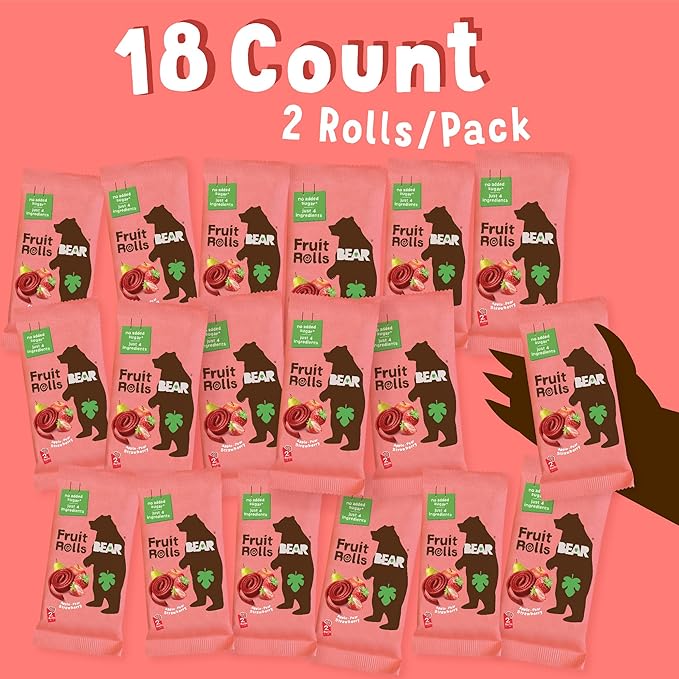 BEAR Real Fruit Snack Rolls - Gluten Free, Vegan, and Non-GMO - Strawberry ??36 Rolls, Healthy
